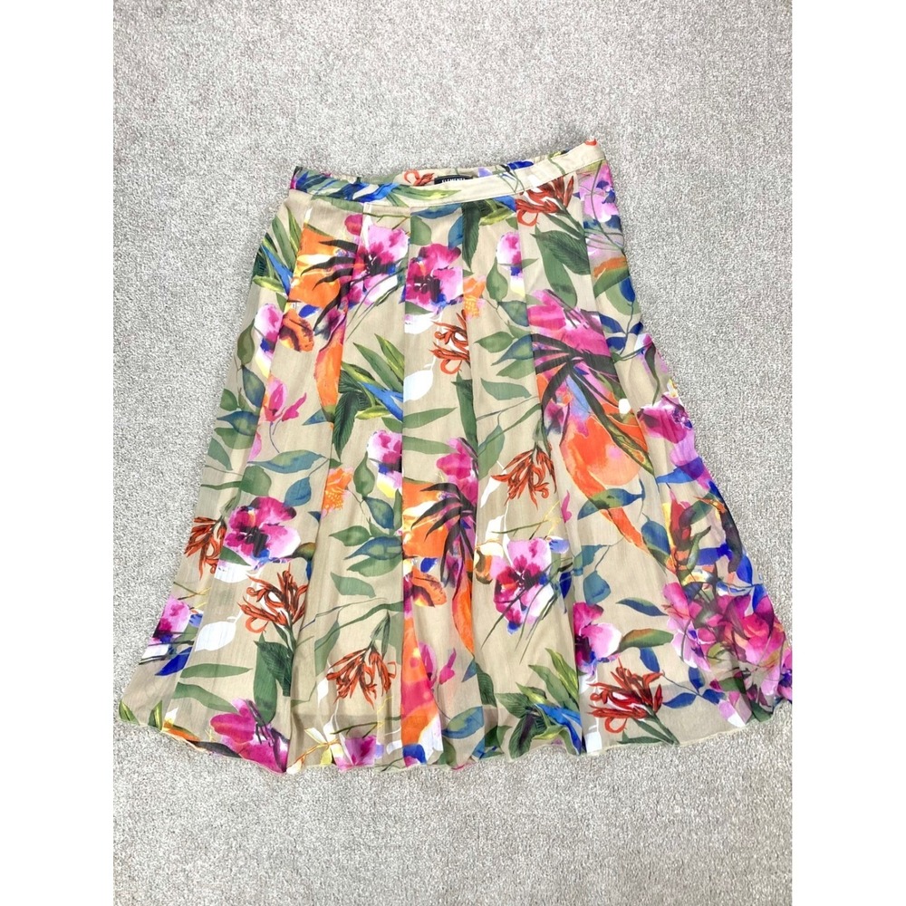 Elementz Chiffon Tropical Floral Pleated Midi Skirt Women L Tan Pink Resortwear